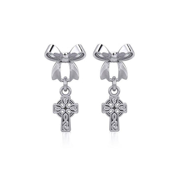 Ribbon with Dangling Celtic Cross Silver Post Earrings TER1864 - Jewelry
